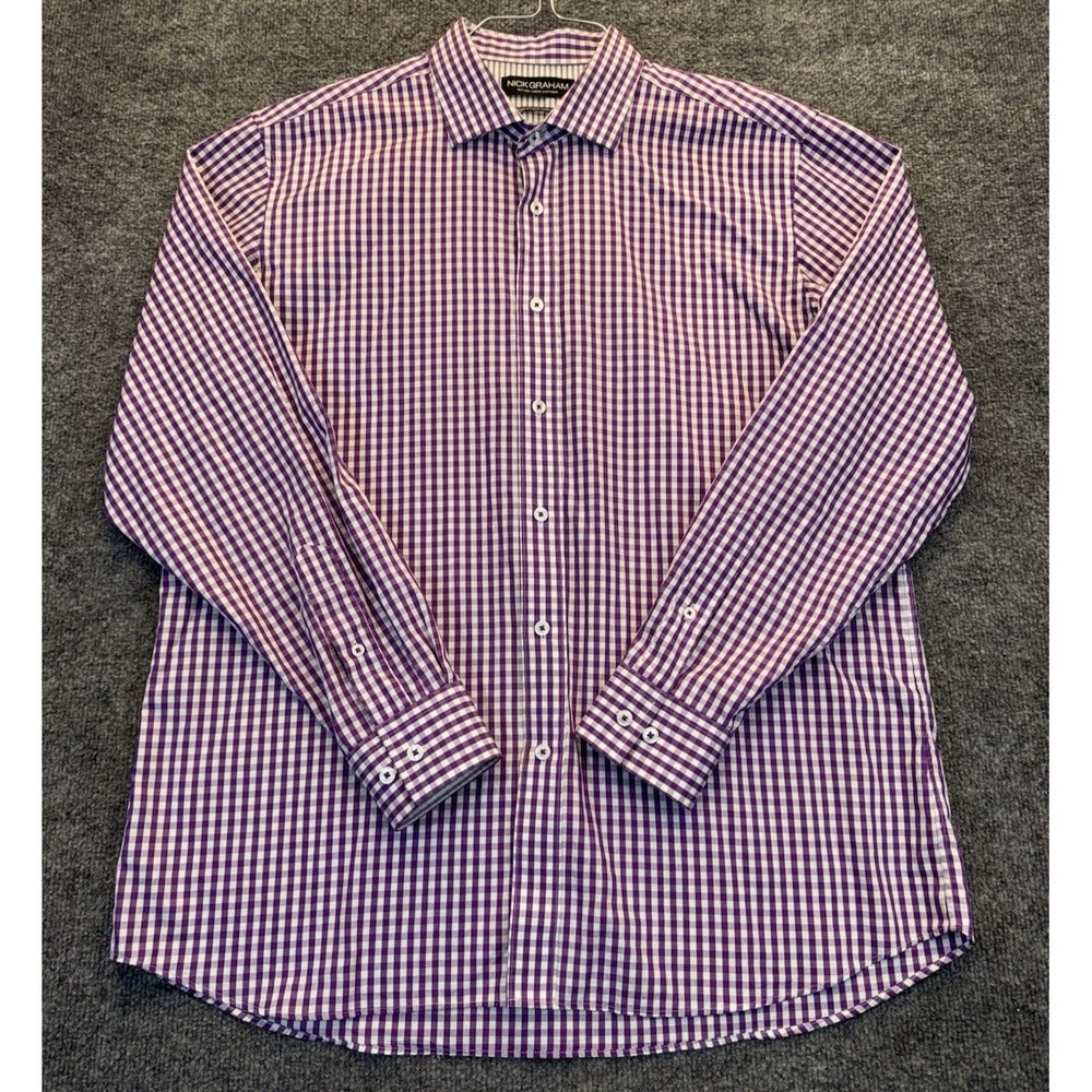 Nick Graham Men XL 17-17.5 Purple White Gingham Check Modern Fit Dress Shirt